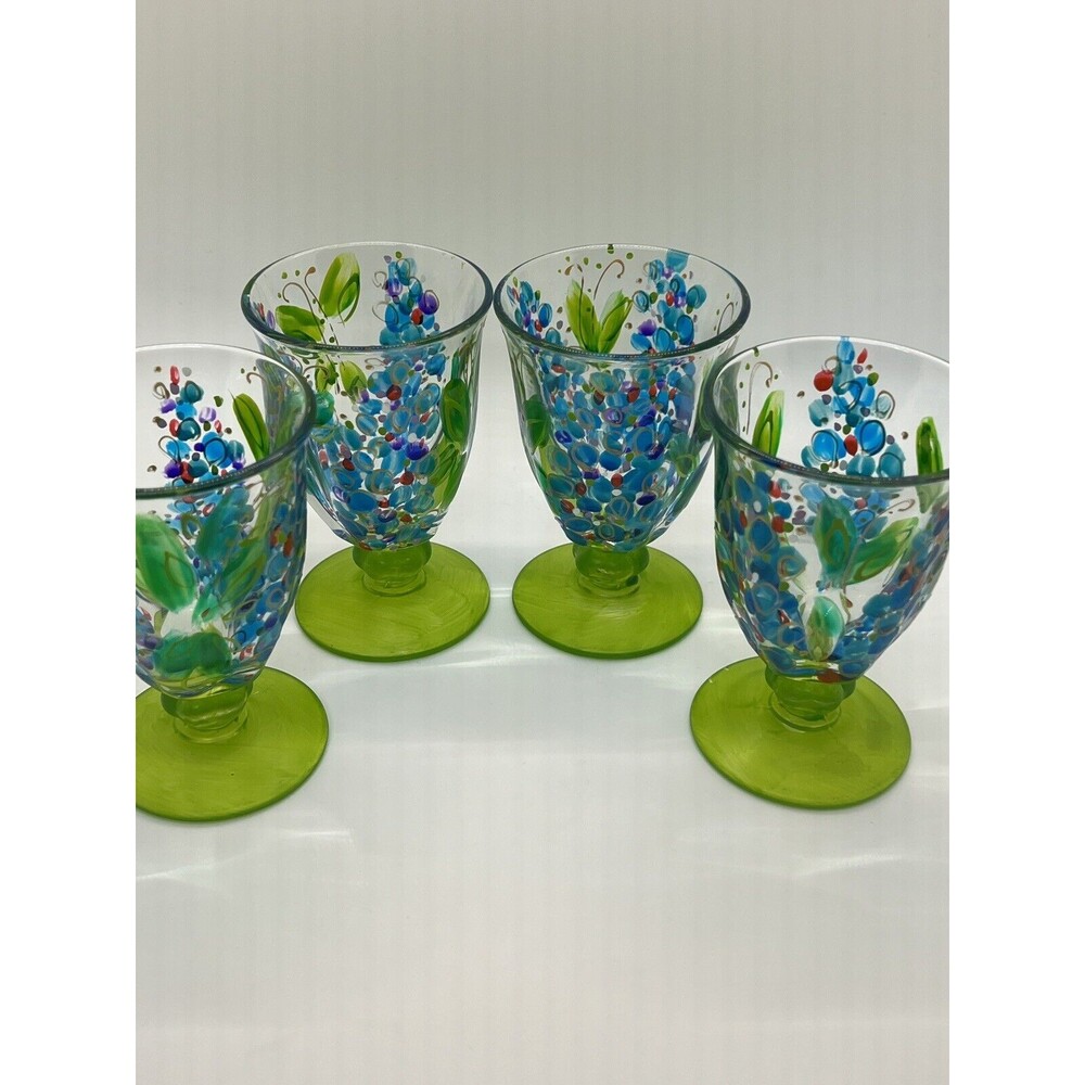 Hand Painted Flowers And Butterflies Vintage Juice Glasses  Set Of 4